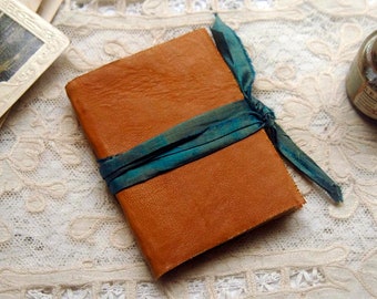 Desert Drifter - Burnt Orange Recycled Leather Pocketbook, Sari Silk, Tea-Stained Pages - OOAK