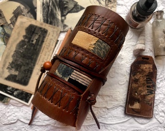 The Ragtag Writer - Reclaimed Leather Journal, Vintage Textile Patchwork, Tea Stained Pages OOAK