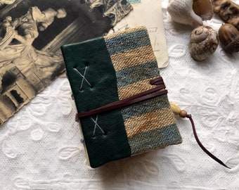 Stripes & Stories - Hand Bound Miniature Book, Vintage Textiles, Tea Stained Pages - OOAK