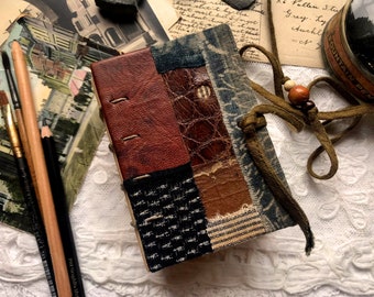 The Patchwork Chronicles - Hand Bound Journal, Vintage Textile Patchwork, Tea Stained Pages - OOAK