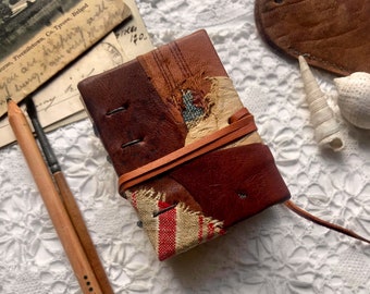 Pondering Patches No.4 - Hand Bound Miniature Book, Vintage Textiles, Tea Stained Pages - OOAK