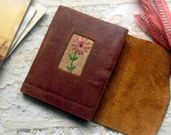Daisy Days - Mini Brown Leather Pocketbook, Recycled, Vintage Linen, Tea Stained Pages - OOAK