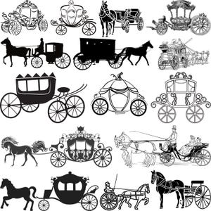 Paquete SVG de carruaje, SVG de carruaje de caballos, Clipart de carruaje, SVG de carruaje vintage, SVG de carruaje de princesa, silueta de carruaje