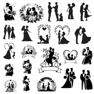 May include: A collection of black and white silhouette illustrations of couples, hearts, and wedding-related imagery. The illustrations include couples holding hands, kissing, dancing, and getting married. There are also illustrations of hearts, flowers, and other wedding-related symbols.