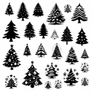Könnte beinhalten: Eine Sammlung von 20 schwarzen Silhouetten-Weihnachtsbaum-Illustrationen in verschiedenen Stilen und Größen. Die Bäume sind mit Sternen, Schneeflocken und Ornamenten verziert.