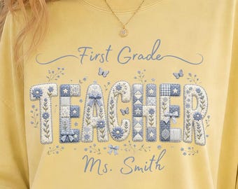 Faux Quilted Personalized Teacher Shirt, Teacher Squad Comfort Colors Tee, Custom Grade Level Teacher Team Shirt, Coquette Teacher Tee