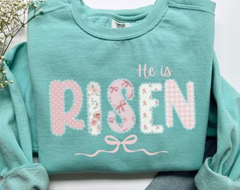 He is Risen Easter Sweatshirt, Preppy Floral Lace Christian Comfort Colors Sweater, Grandmillennial Style Church Pullover