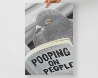 Funny Pigeon Reading Book Art Print | "Pooping on People" Humor Poster | Quirky Bird Pastel Pencil Wall Art | Bathroom Wall Art