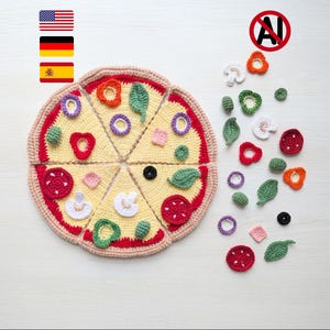 May include: A crochet pizza toy set featuring six triangular slices with a tan crust, yellow cheese, and red sauce. The set includes various detachable crochet toppings like green leaves, red tomato slices, white mushrooms, purple onion rings, and black olives.