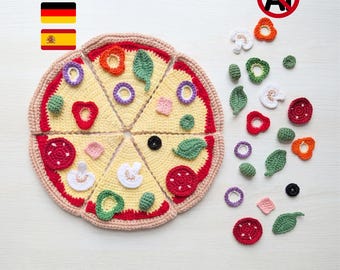 Crochet Pizza Pattern | Crochet Play Kitchen Play Set | Ham Salami Bell Pepper Onion Mushroom Basil Olives | PDF Pattern