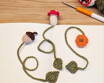 Cozy Fall Style Crochet Bookmarks Pattern | Cute Autumn Designs | Easy Step by Step Pumpkin Acorn & Mushroom PDF Download | Beginner Crochet