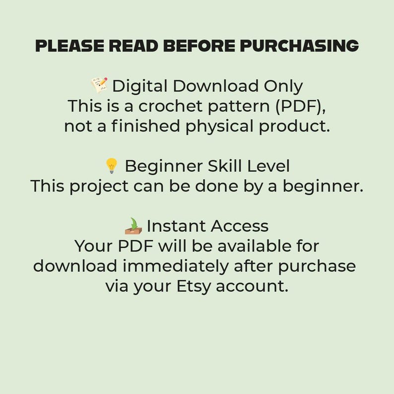 Op de afbeelding: Lichtgroene achtergrond met zwarte tekst met de tekst "LEES AUB VOOR AANKOOP". De tekst beschrijft een digitaal haakpatroon (PDF) voor beginners, direct te downloaden na aankoop via Etsy.