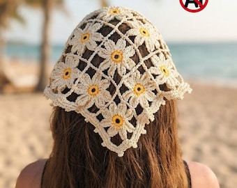 Crochet Bandana Pattern | Daisy Flower Vintage Head Scarf | Beginner Friendly PDF Pattern | Boho Crochet