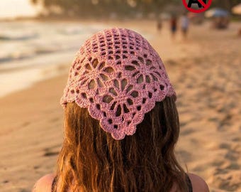Crochet Bandana Pattern | Grid & Lace Flower Vintage Head Scarf | Beginner Friendly PDF Pattern | Boho Crochet