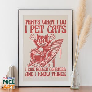Może przedstawiać: Czerwono-biały wydruk z kreskówkowym kotem jadącym kolejką górską. Tekst brzmi "That's what I do I pet cats I ride roller coasters and I know things."