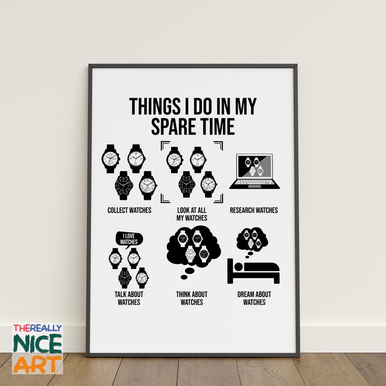 May include: A black and white illustration of a person's daily activities, all centered around watches. The text reads "Things I do in my spare time". The activities include collecting watches, looking at watches, researching watches, talking about watches, thinking about watches, and dreaming about watches.
