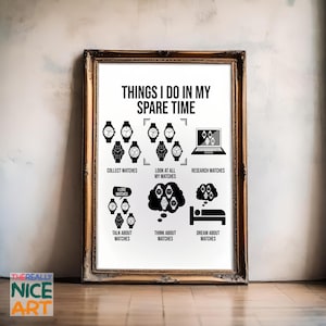 May include: A black and white illustration of a poster with the text "Things I do in my spare time". The poster lists activities related to collecting watches, including collecting, looking at, researching, talking about, thinking about, and dreaming about watches.