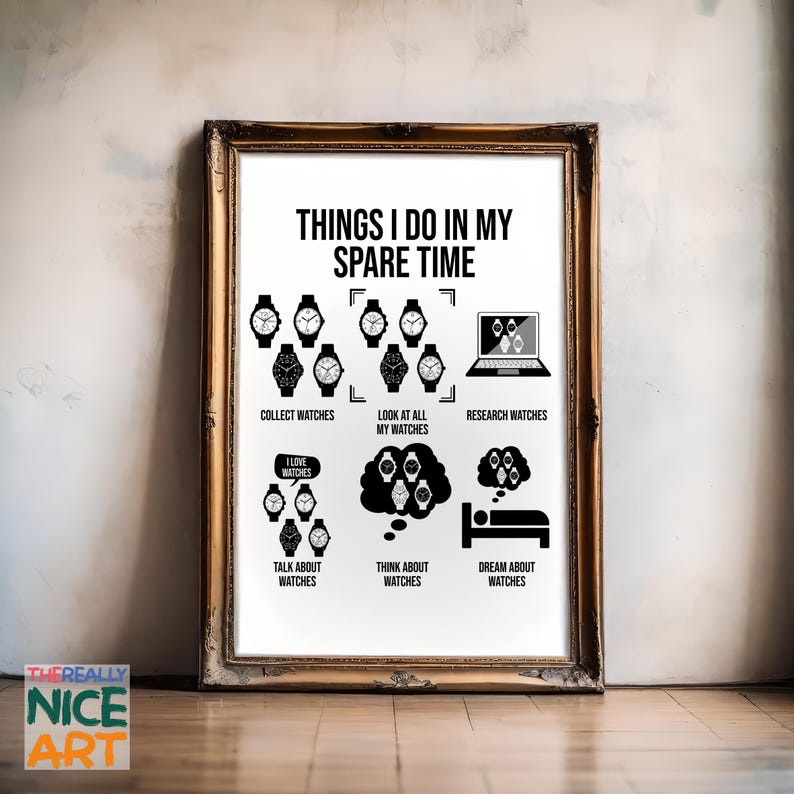 May include: A black and white illustration of a poster with the text "Things I do in my spare time". The poster lists activities related to collecting watches, including collecting, looking at, researching, talking about, thinking about, and dreaming about watches.