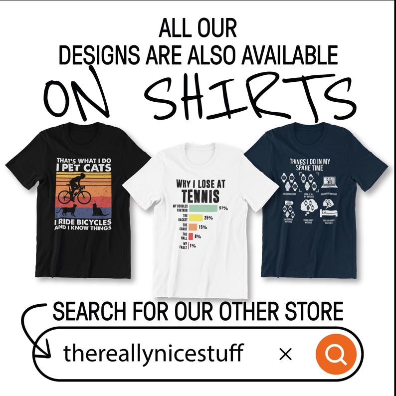 May include: Three t-shirts with different designs. The black t-shirt has a retro design with a person riding a bicycle and the text "That's what I do I pet cats I ride bicycles and I know things". The white t-shirt has a green, yellow, orange, and red bar graph with the text "Why I lose at Tennis". The blue t-shirt has a white design with a variety of icons and the text "Things I do in my spare time".