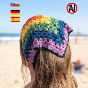 May include: A triangular crochet headscarf featuring a vibrant rainbow pattern of red, orange, yellow, green, blue, and purple yarn. The accessory is constructed with a classic granny square stitch and finished with a solid black border trim.