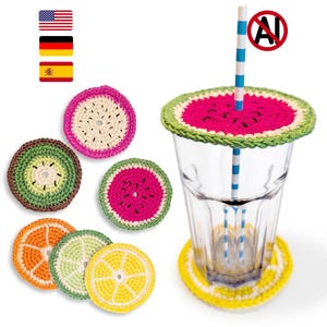 May include: A collection of round, crocheted fruit-themed coasters and glass covers. The set includes designs resembling slices of watermelon, kiwi, orange, lemon, and dragon fruit, featuring vibrant pink, green, orange, and yellow yarn colors.