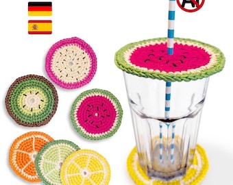 Crochet Pattern Fruit Coasters & Glass Covers | Summer Crafts with Straw Hole | Lemon Watermelon Kiwi | Easy Beginner Crochet PDF