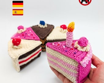 Gehaakt amigurumi-patroon cakevorm | Eten spelen | Verjaardagskaars en fruitbeleg | Aardbei-framboos chocoladetaart | Pdf-patroon