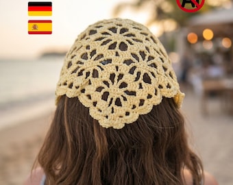 Crochet Bandana Pattern | Lace Flower Vintage Head Scarf | Beginner Friendly PDF Pattern | Boho Crochet