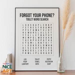 Bathroom Word Search PRINTABLE Wall Art, Funny Toilet Print, Forgot Phone Art, Word Guest Bathroom Decor Art Print, Instant Digital DOWNLOAD