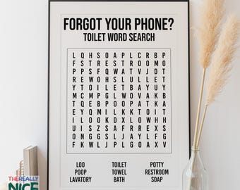 Bathroom Word Search PRINTABLE Wall Art, Funny Toilet Print, Forgot Phone Art, Word Guest Bathroom Decor Art Print, Instant Digital DOWNLOAD