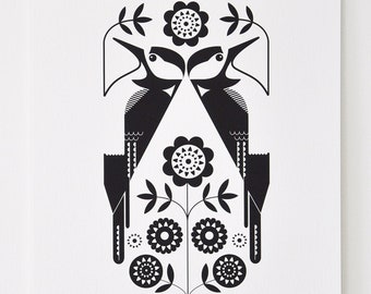 Two Great Spotted Woodpeckers and pretty florals printed in black Ink - Fine art giclee print.