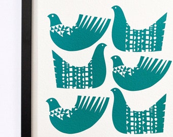 Bird Shapes in teal - A modern, bold, fine art giclee print.