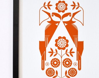 Two Great Spotted Woodpeckers and pretty florals printed in a rich folky orange Ink - Fine art giclee print.