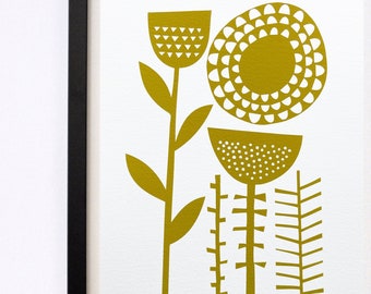 Seed Heads - A nature Inspired Fine Art Giclee print, printed in an earthy olive green.