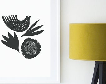 Bird And Flowers In Soft Black - Open Edition Giclee Print