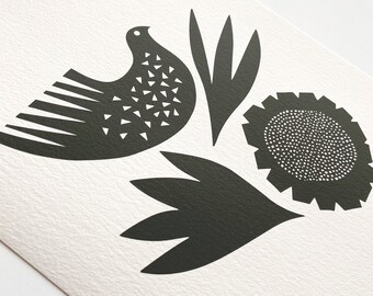 Bird And Flowers In Soft Black - Open Edition Giclee Print