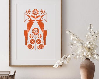 Spotted Woodpeckers Giclée Print – Folky Orange Floral Art