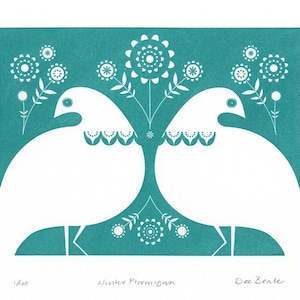 Winter Ptarmigan in Turquoise Hand Pulled, Signed, Gocco Screen Print image 1