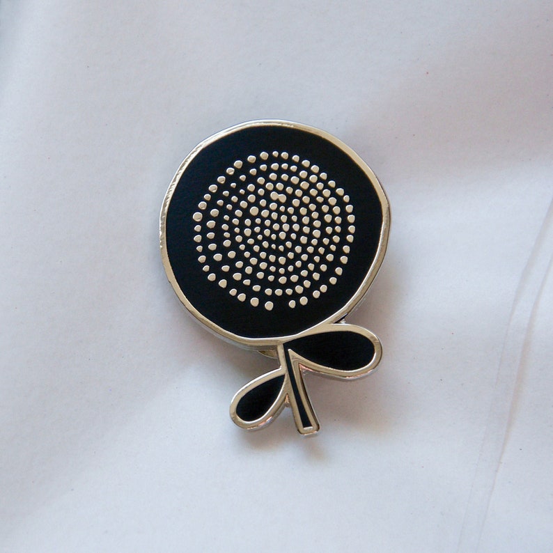 A Single Flower Head Enamel Pin Brooch Badge Black and Nickle image 2