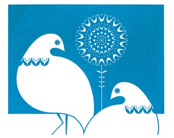 Winter Ptarmigan in Mid Blue - Hand Pulled, Signed, Gocco Screenprint