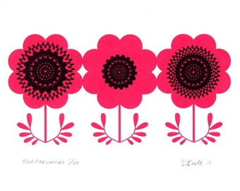 Red Anemones - Hand Pulled, Signed, Gocco Screenprint