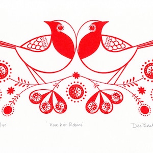 Rose Hip Robins - Hand Pulled, Signed, Gocco Screenprint