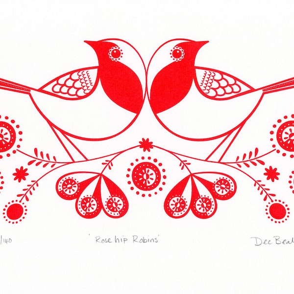 Rose Hip Robins - Hand Pulled, Signed, Gocco Screenprint