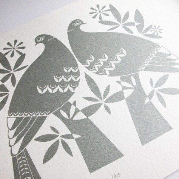 Winter Doves - Hand Pulled, Signed, Limited Edition, Gocco Print