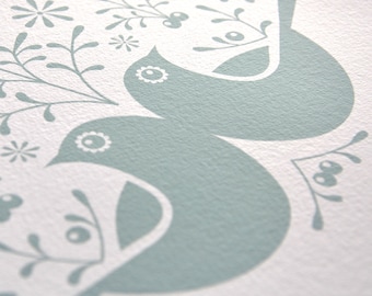 Birds and Berries in a Soft Winter Green Ink - Signed Open Edition Giclee Print
