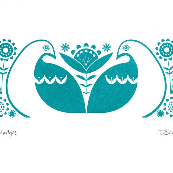 Partridges in Teal - Hand Pulled, Signed, Gocco Screenprint