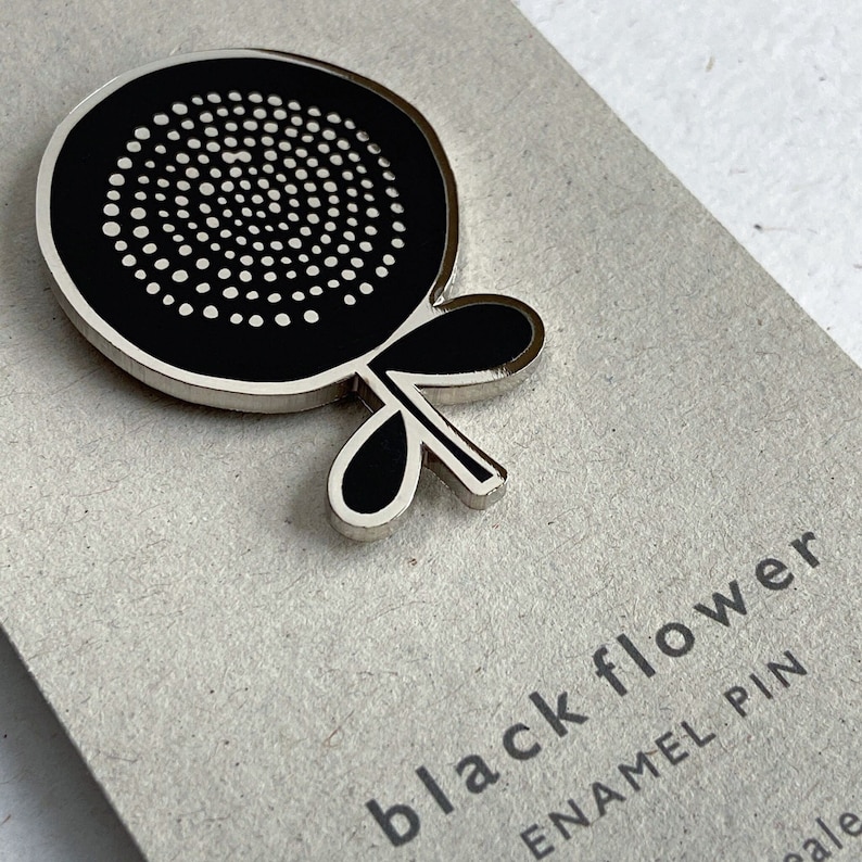 A Single Flower Head Enamel Pin Brooch Badge Black and Nickle image 1