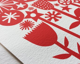 Summer Garden Print - Signed Open Edition Giclee Print From an Original Paper Cut, printed in Red