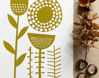 Seed Heads - A nature Inspired Fine Art Giclee print, printed in an earthy olive green.