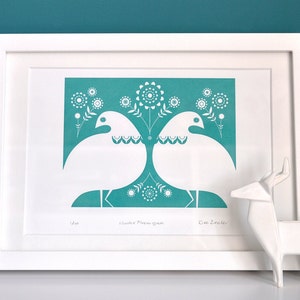 Winter Ptarmigan in Turquoise Hand Pulled, Signed, Gocco Screen Print image 5